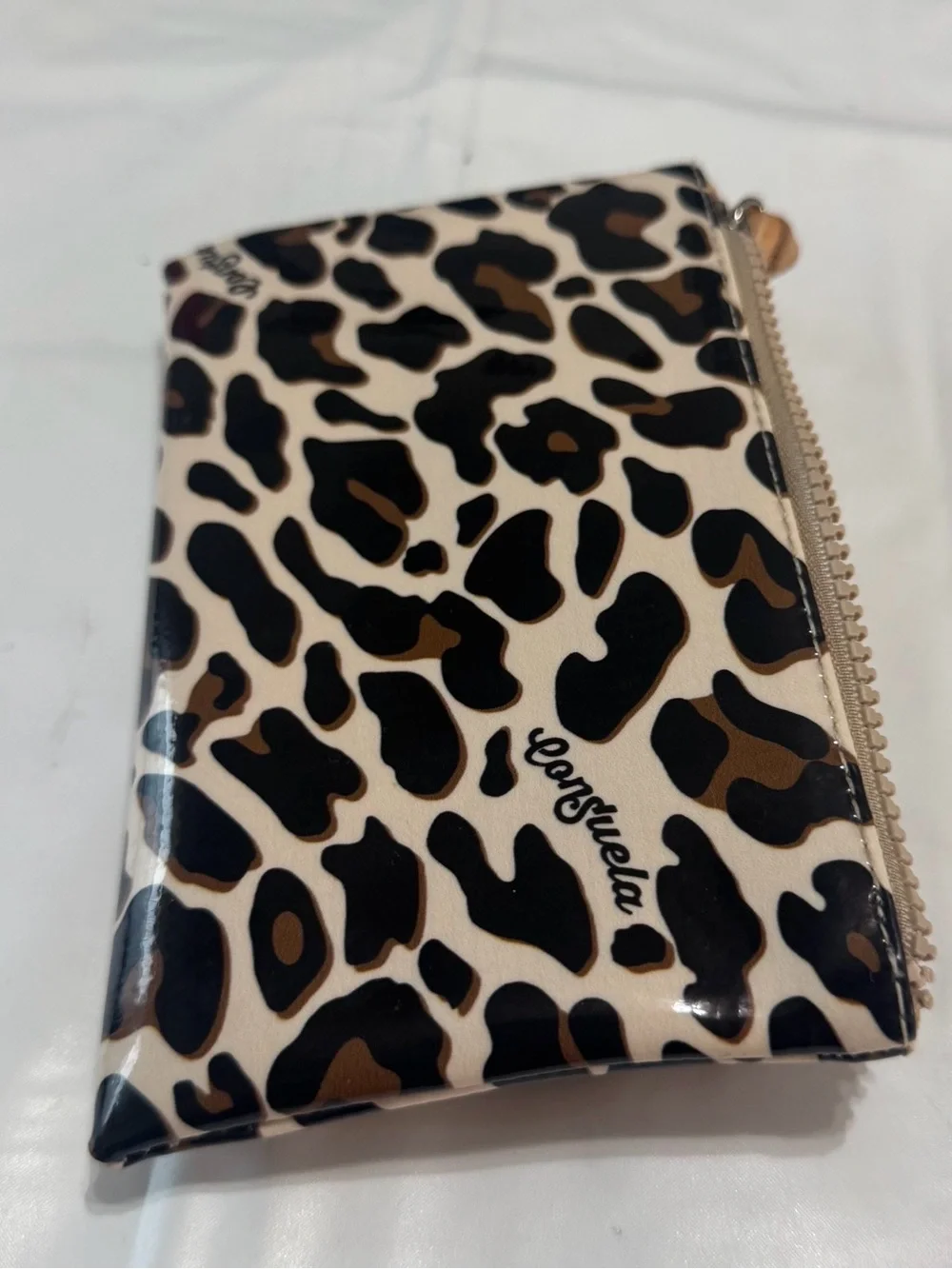 Consuela Leopard Patent Wristlet in Tan, Black, and Cream